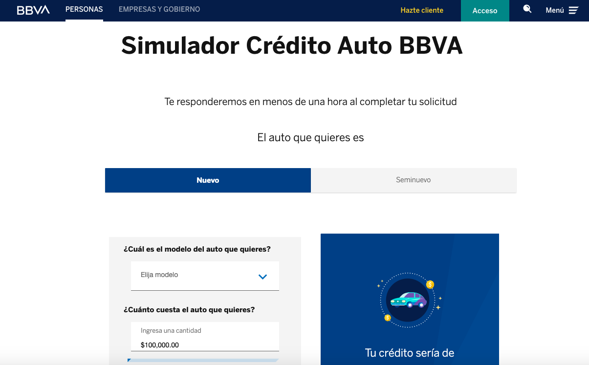 Simulador crédito automotriz de BBVA México
